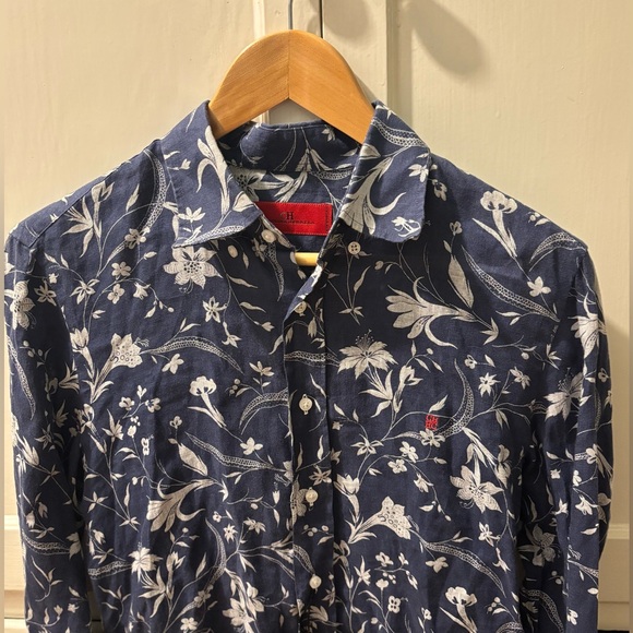 Carolina Herrera Men's Linen Blue Floral Print Button Down Shirt - Size 15 - Picture 9 of 11